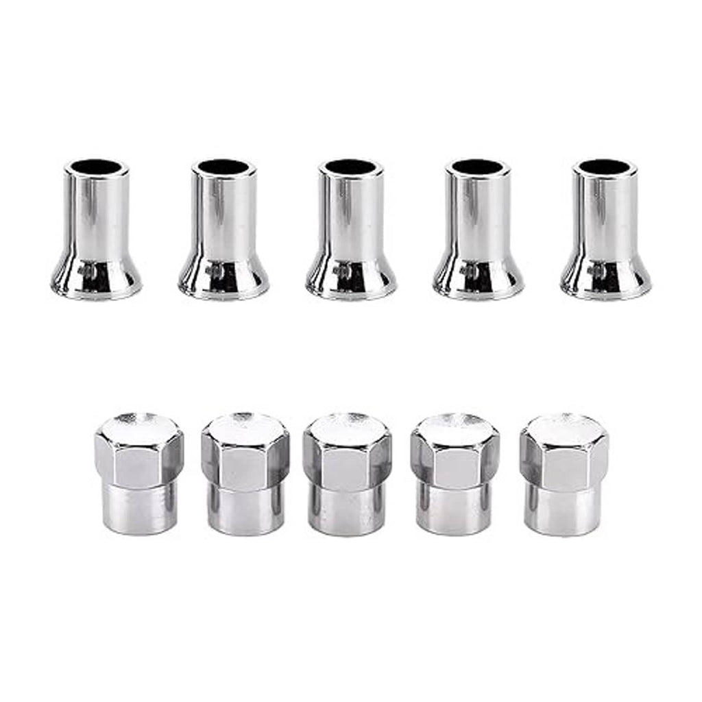 Set of 5 chrome wheel valve stem caps, horn-shaped with hex tops