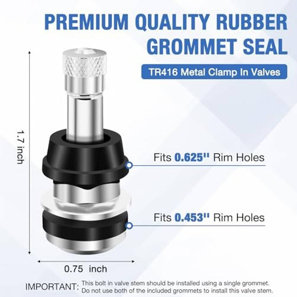 Metal clamp-in valve stem with rubber grommet seal, silver body and black base