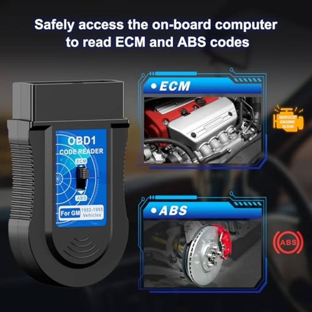 OBD1 code reader with blue ECM and ABS access graphics on display