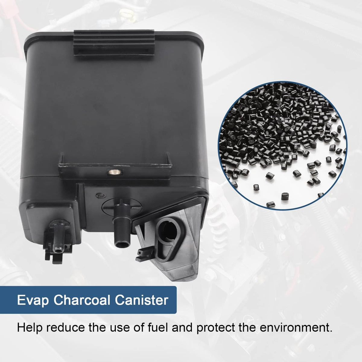 Black evap charcoal canister with metal pin and side connector, detailed front view