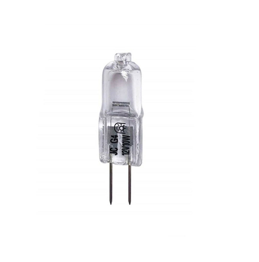 Clear G4 two-pin light bulb with transparent glass envelope and two metal pins
