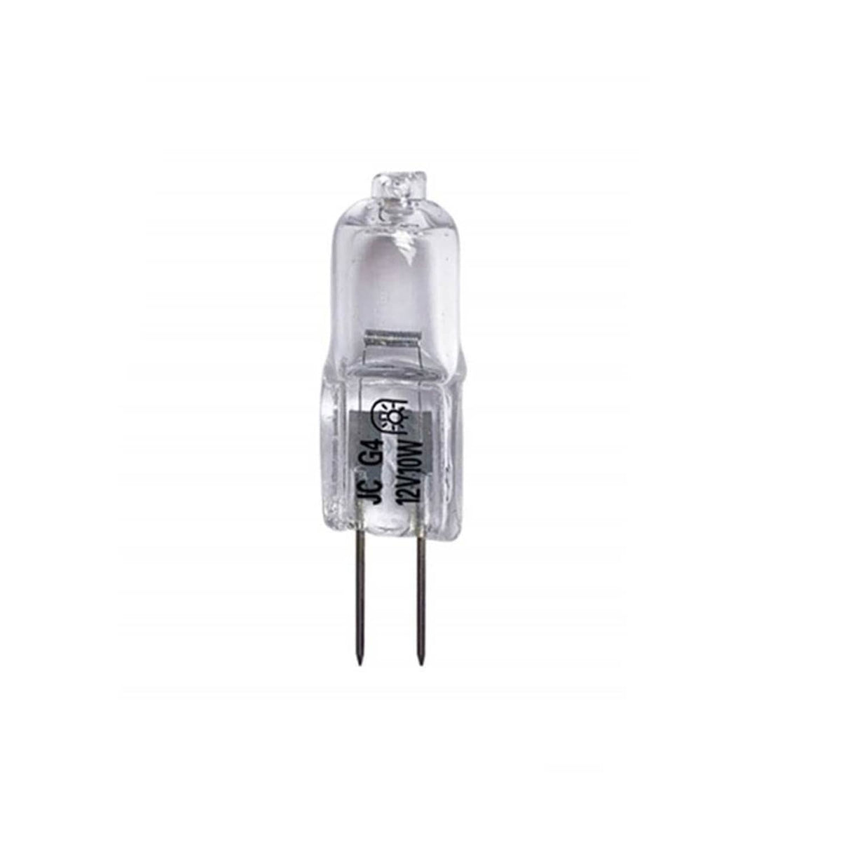 Clear G4 two-pin light bulb with transparent glass envelope and two metal pins