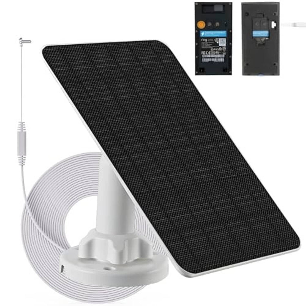 Black solar panel with built-in battery and port panel, plus coiled charging cable.