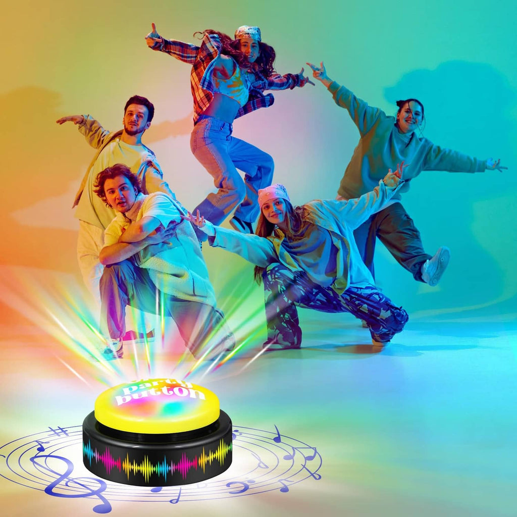 Front view glowing dance music button with yellow top and multicolored light ring