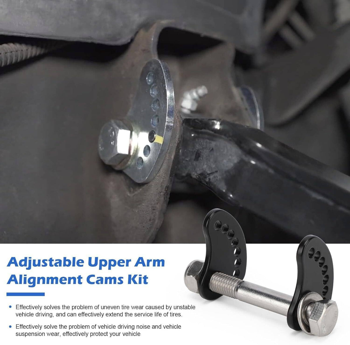 Upper arm alignment cam bolts with black cam plates and silver bolt hardware