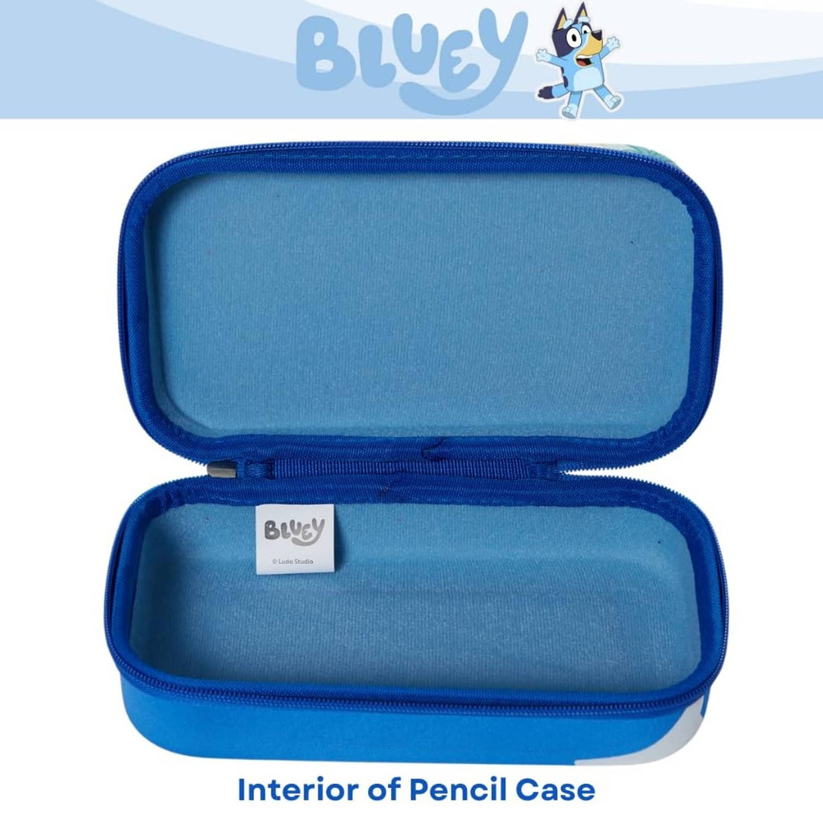 Bluey pencil case interior with fabric lining and small brand tag inside