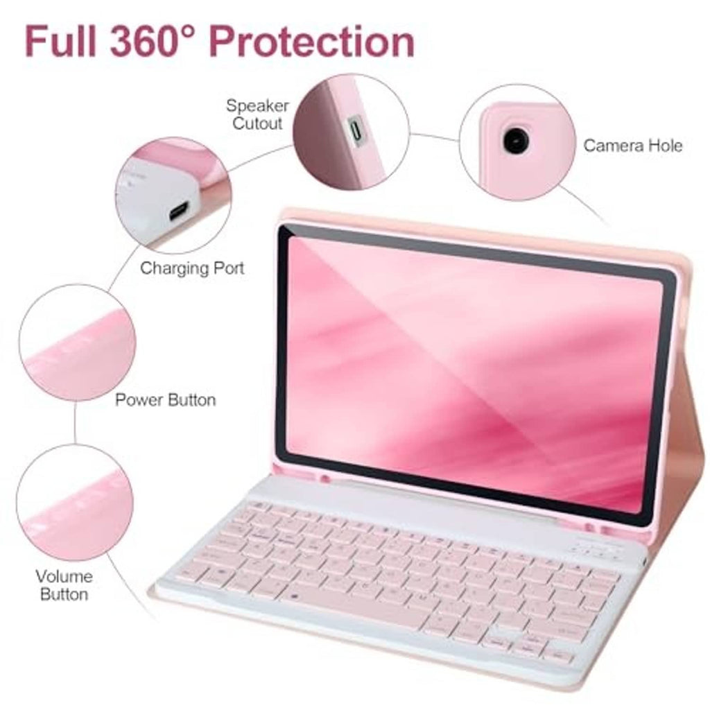 Pink tablet keyboard case with 360° protection ports and speaker cutout