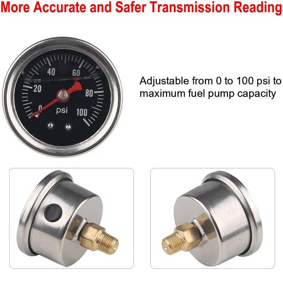 0–100 psi fuel pressure gauge with black face and red needle