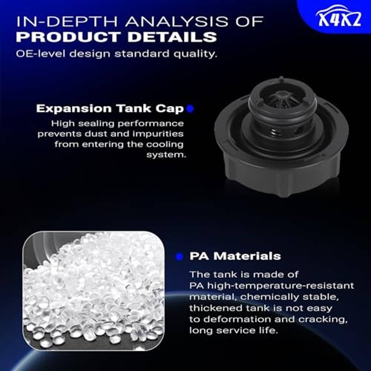 Expansion tank cap close-up and PA material pellets product detail graphic