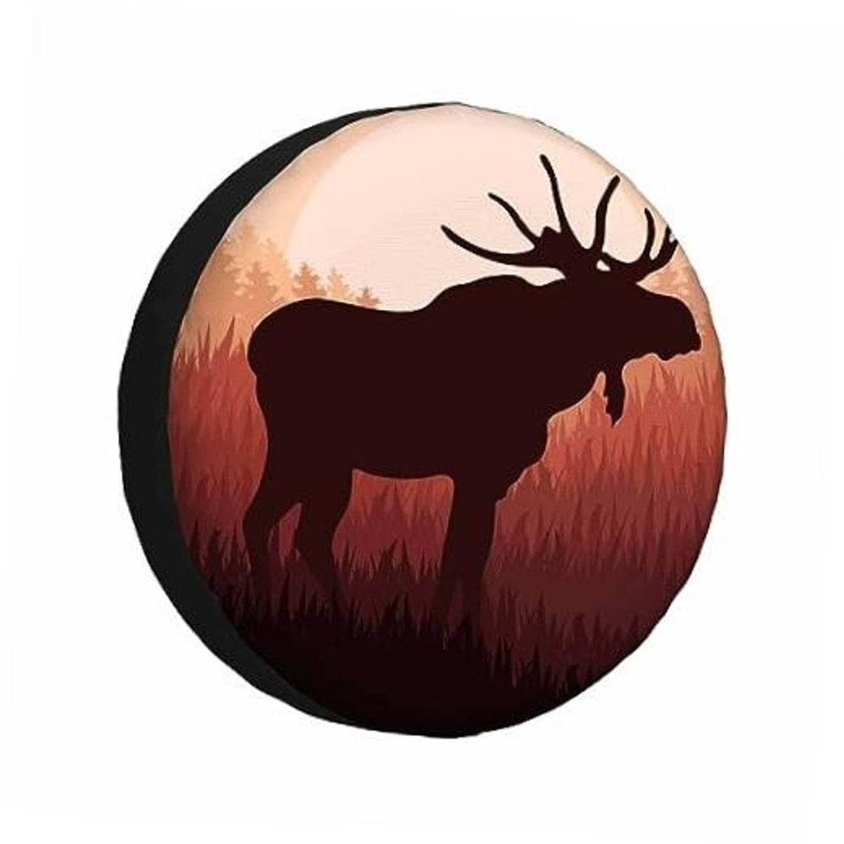Moose spare tire cover with round elk-style sunset graphic and black border