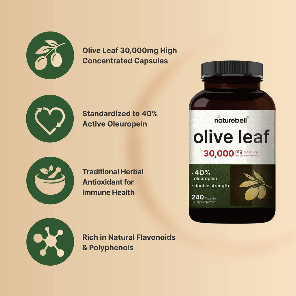 Olive leaf extract 30,000 mg capsules bottle with standardized 40% active oleuropein icons
