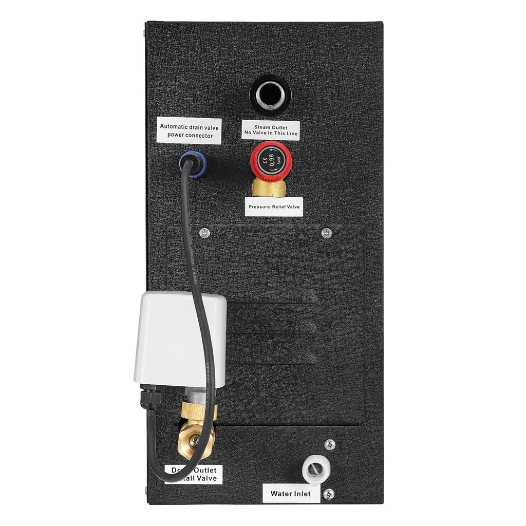 Black steam generator back panel with steam output, drain valve, and water inlet