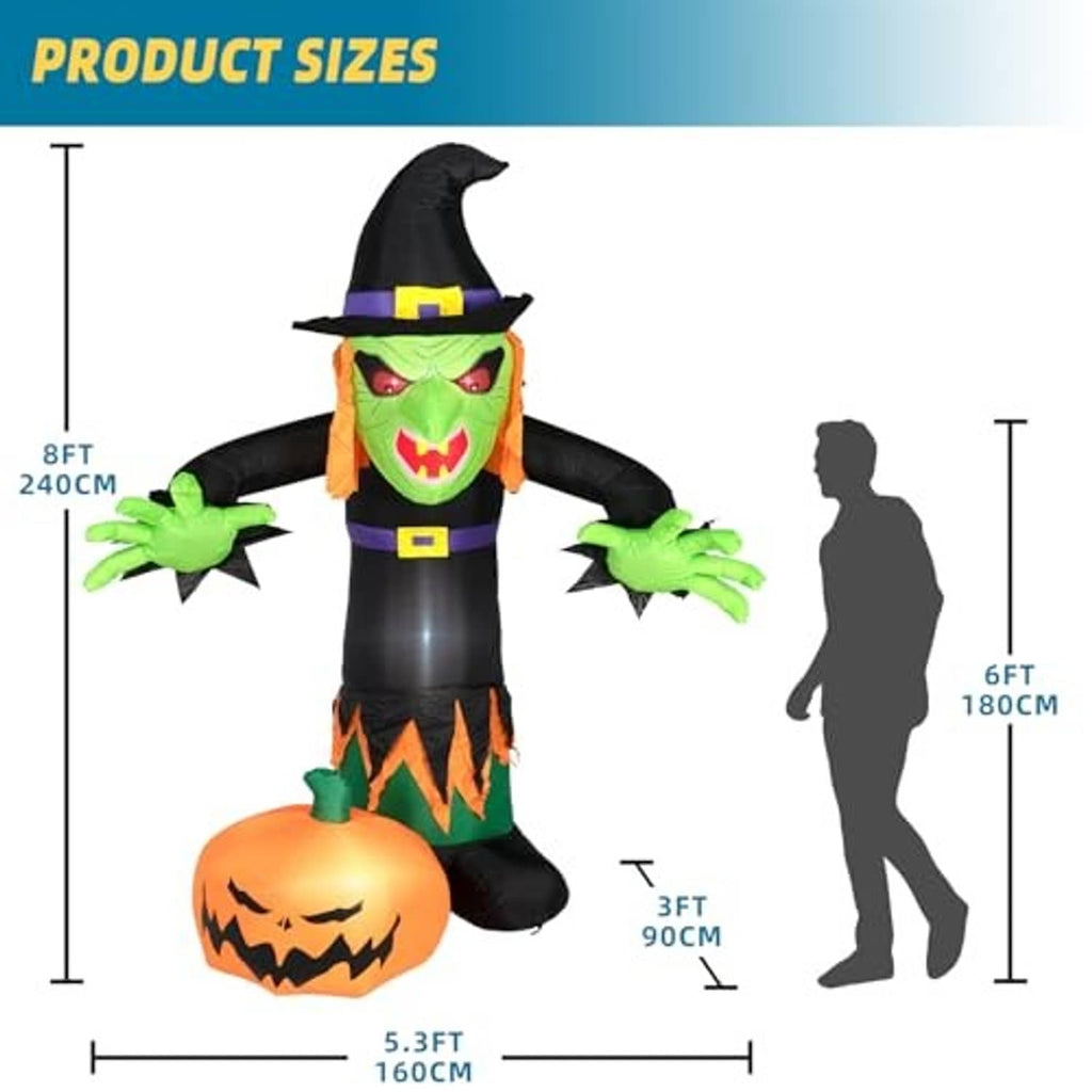 Inflatable witch decoration product size chart with witch and pumpkin silhouette