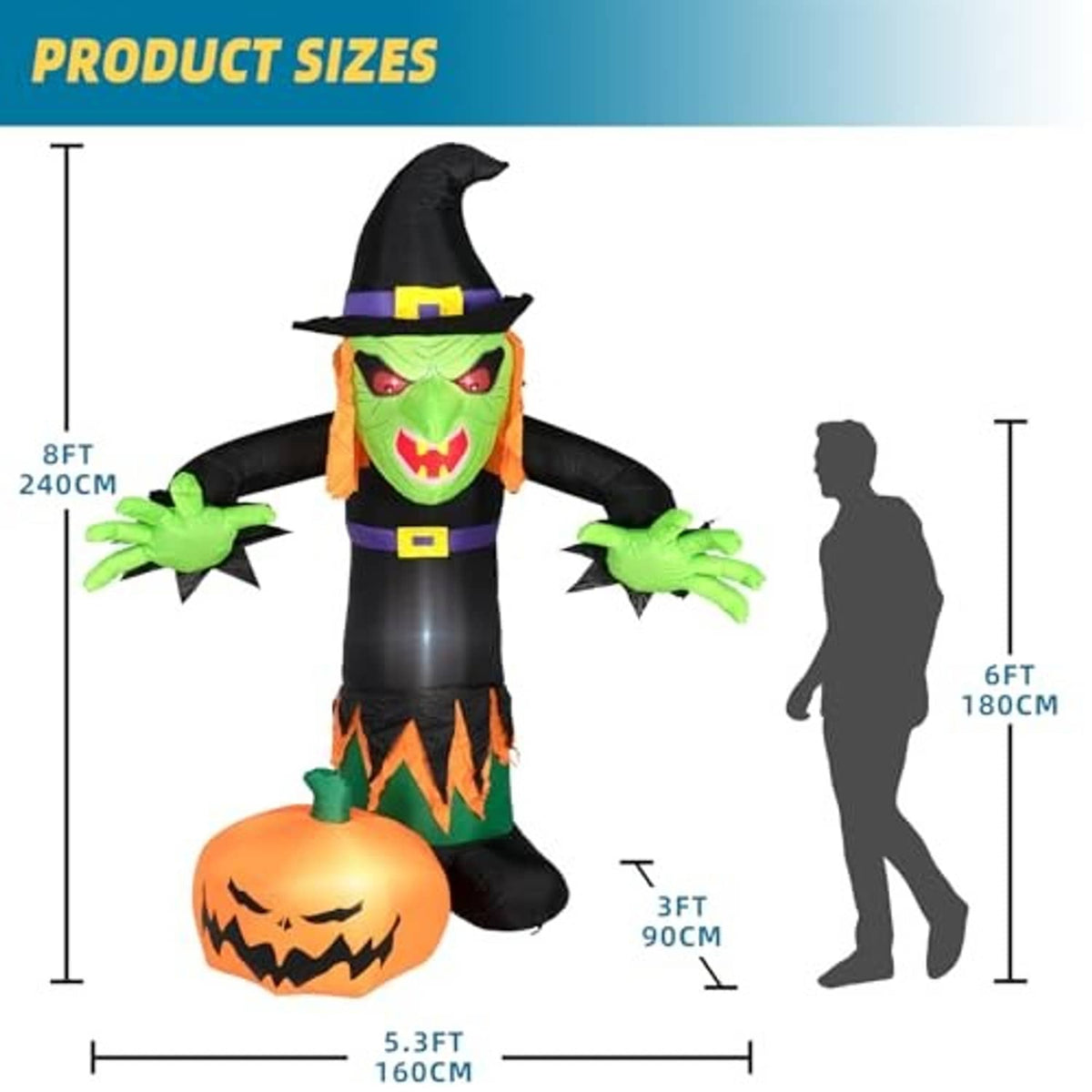Inflatable witch decoration product size chart with witch and pumpkin silhouette