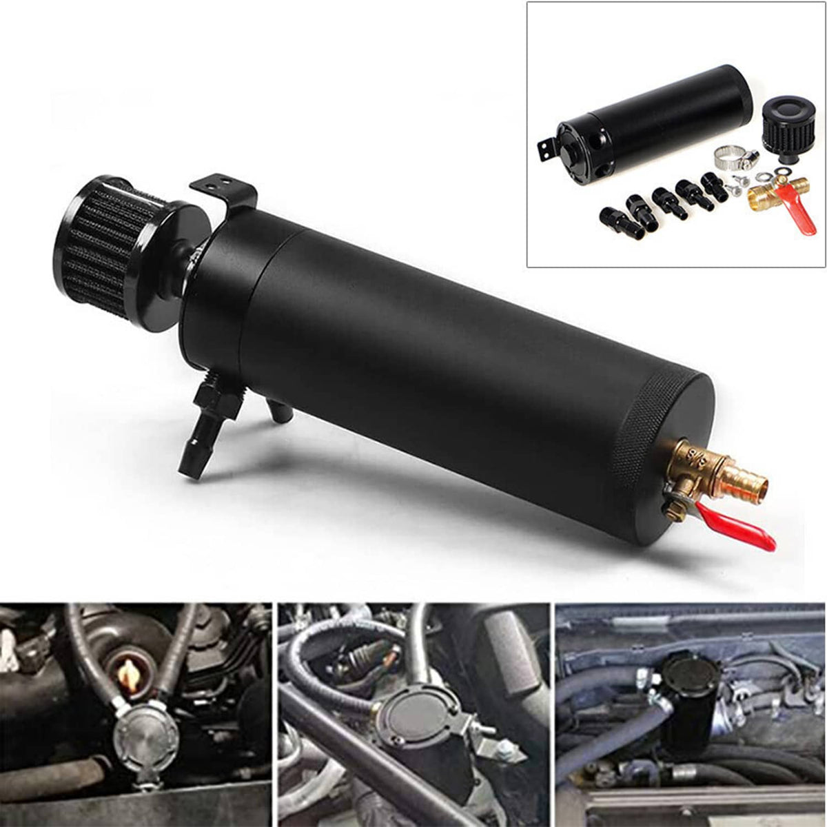 Black oil catch can with red drain valve, filter cap, and included connector fittings