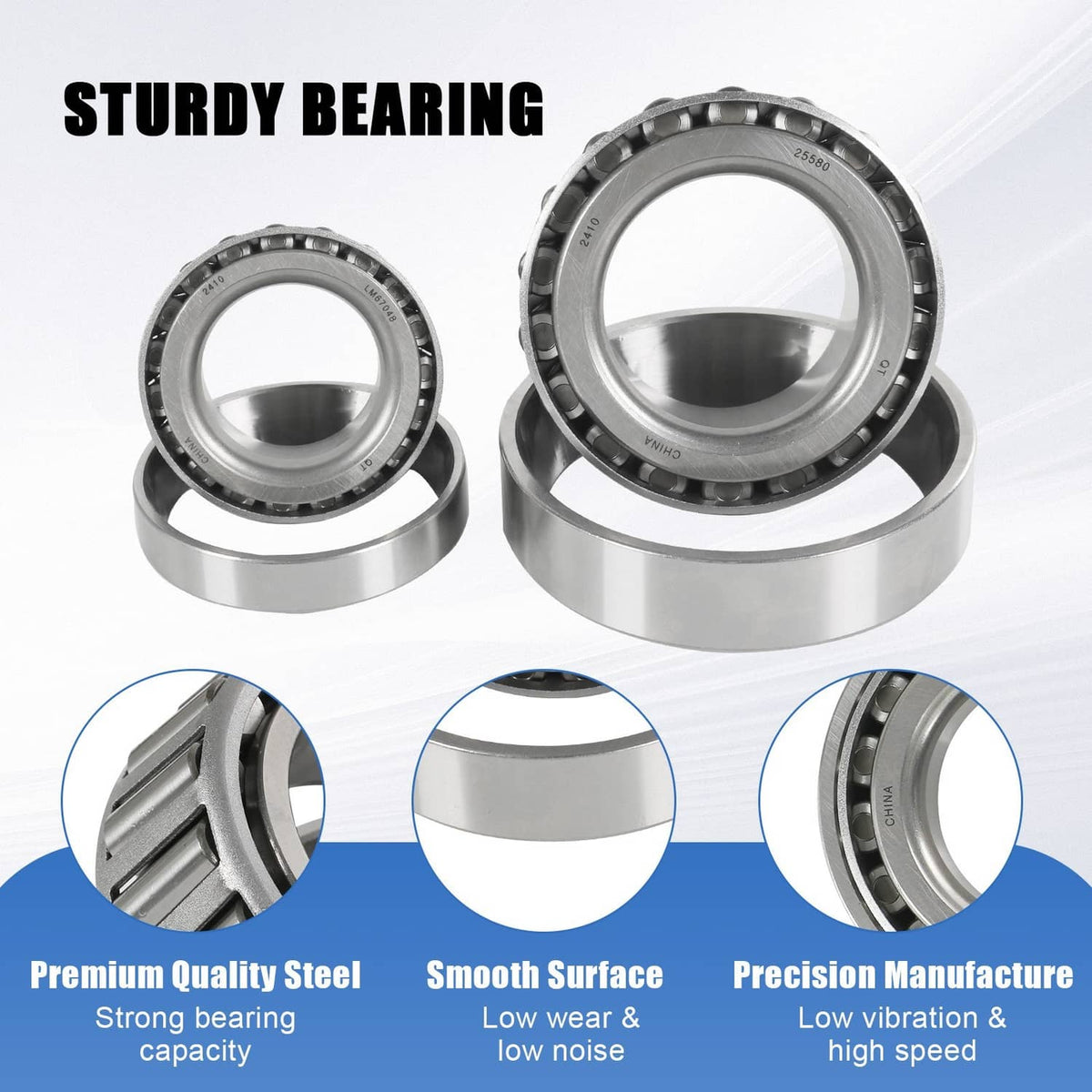 Stainless bearing axle kit with two bearing assemblies, steel races, and mounting rings