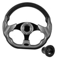Black and silver carbon-look golf cart steering wheel with center hub and spokes