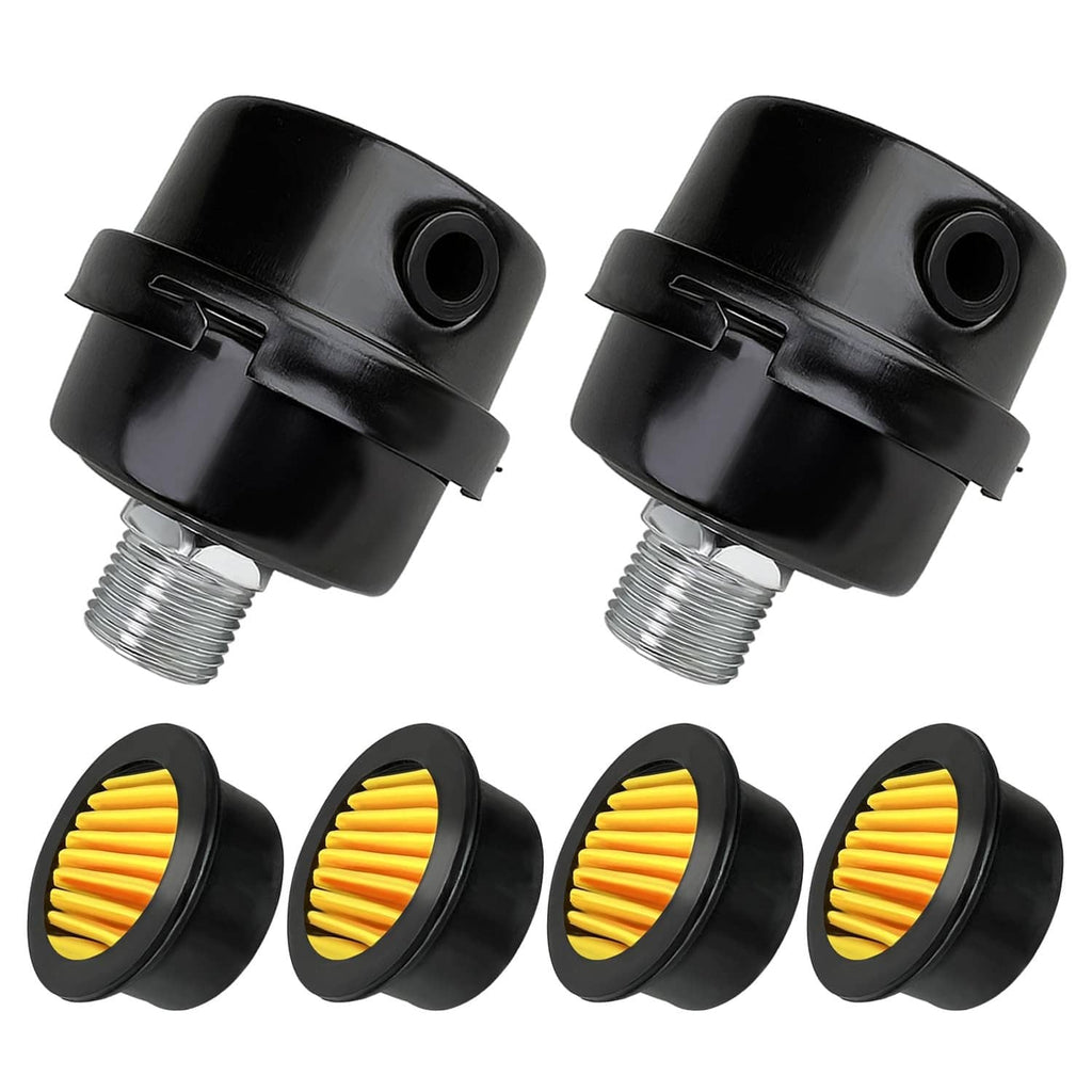 Air compressor silencer muffler set, black caps with yellow pleated filter inserts and threaded ports