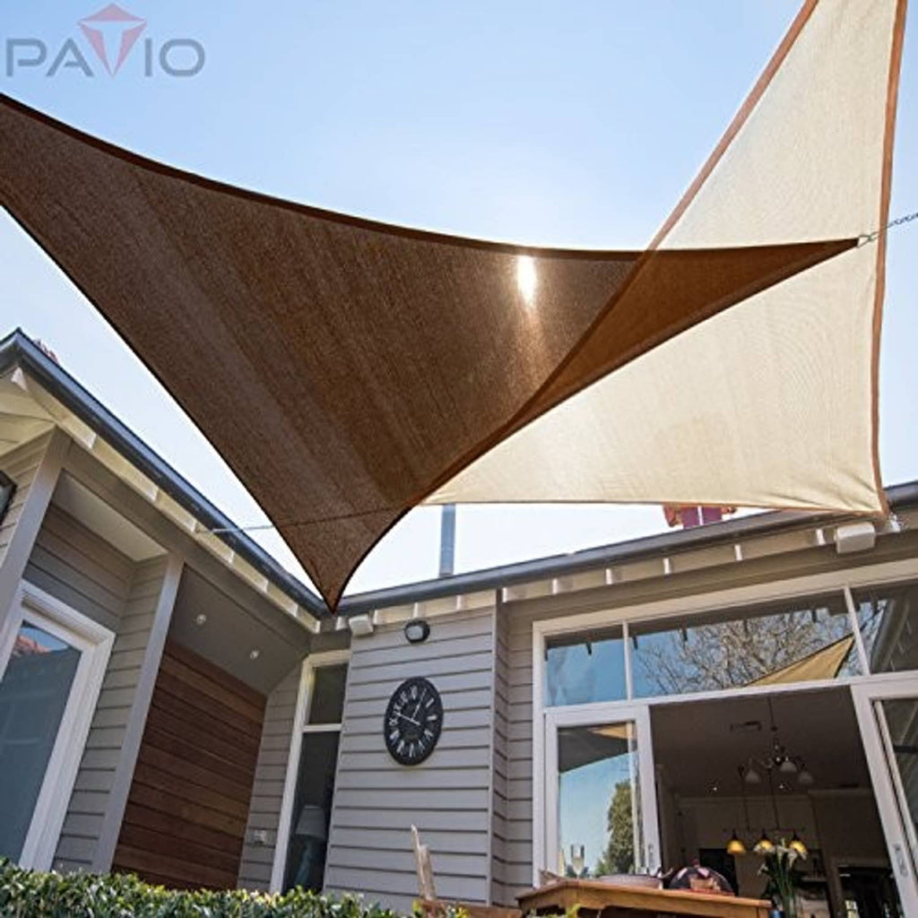 Triangular sun shade sail canopy in brown and beige, with corner grommets and ties