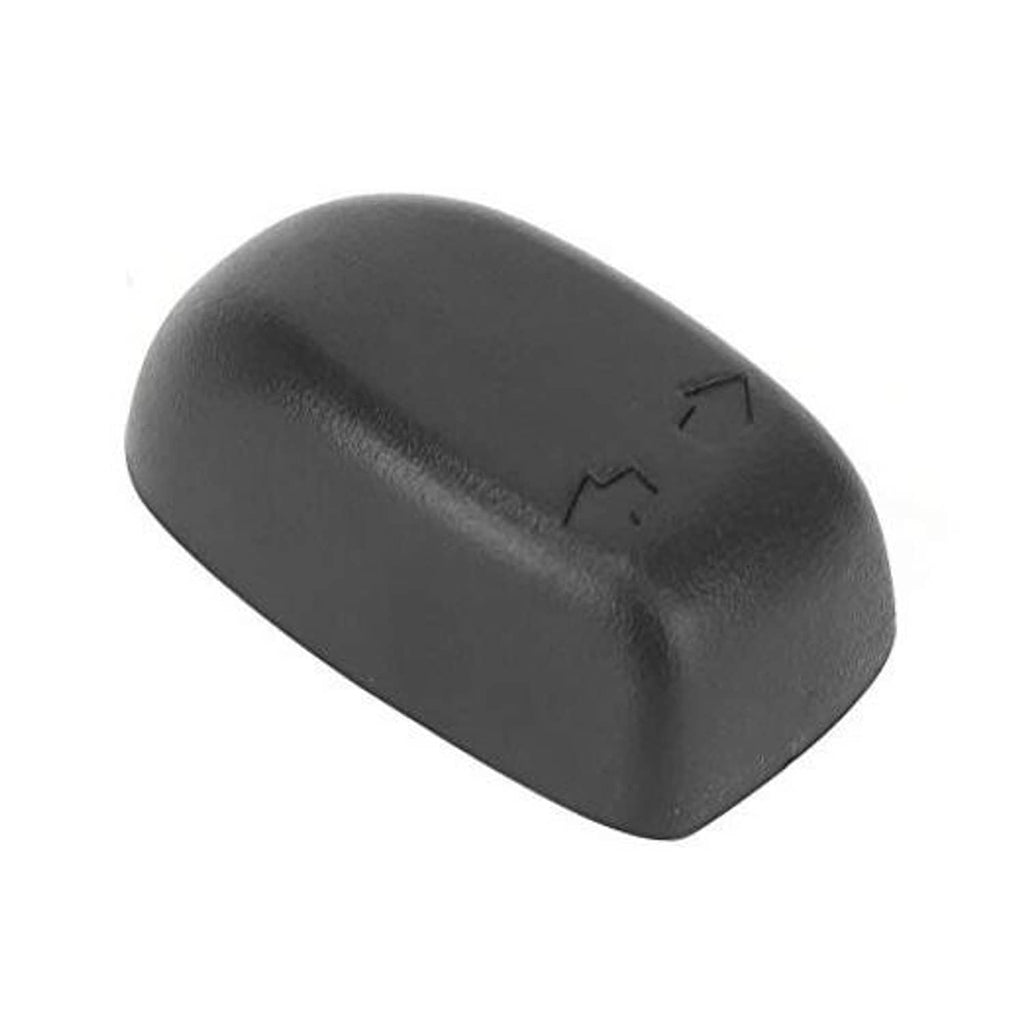 Black seat adjustment switch knob with directional arrow markings, textured plastic cap