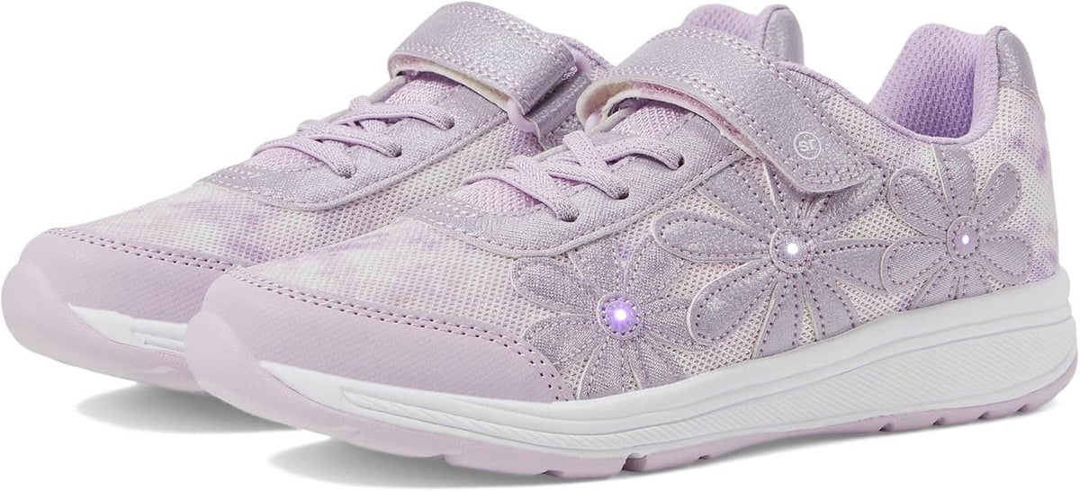 Light-up lavender sneakers, lace-up design with glowing LEDs near the side panels