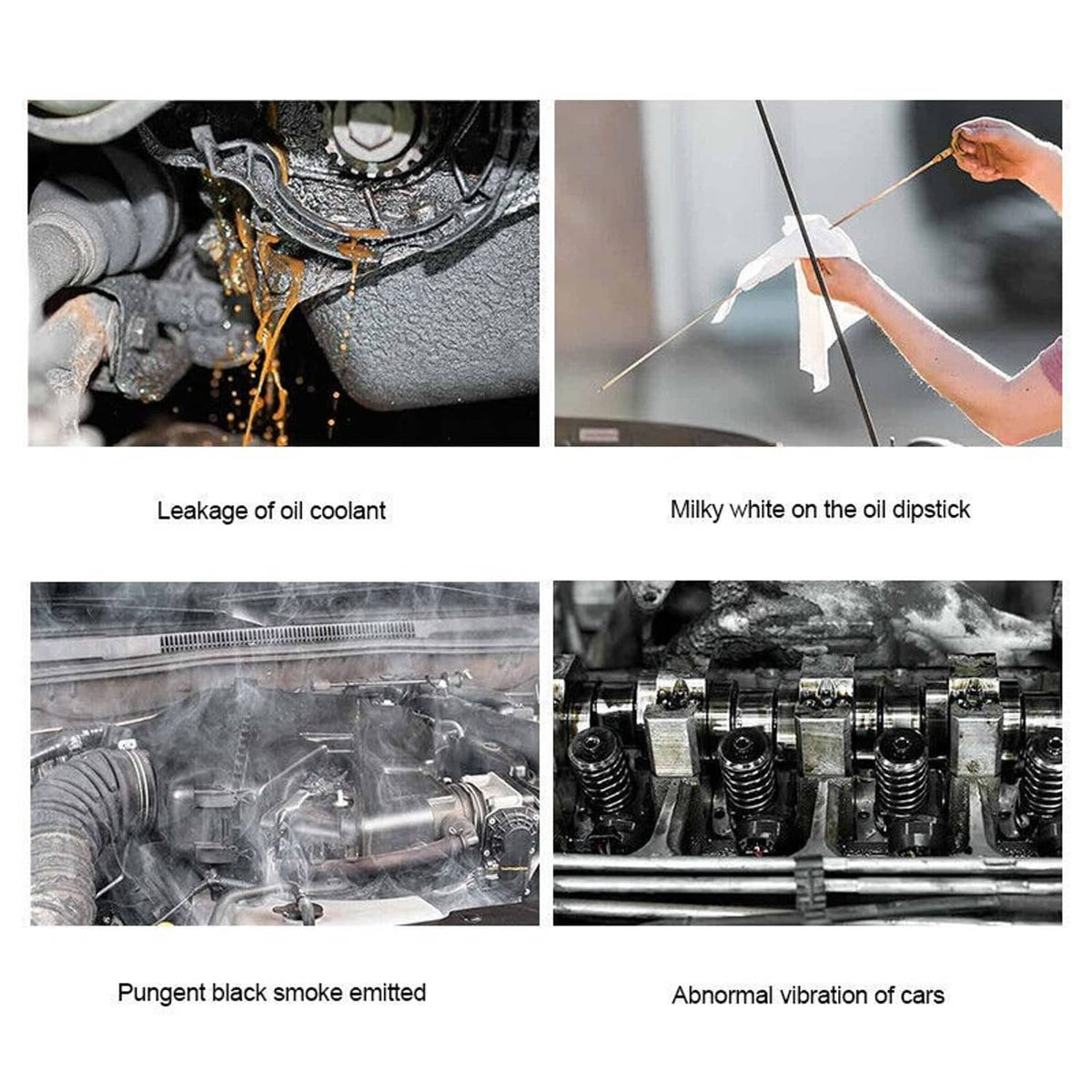 Oil cooler performance infographic with four engine problem scenes