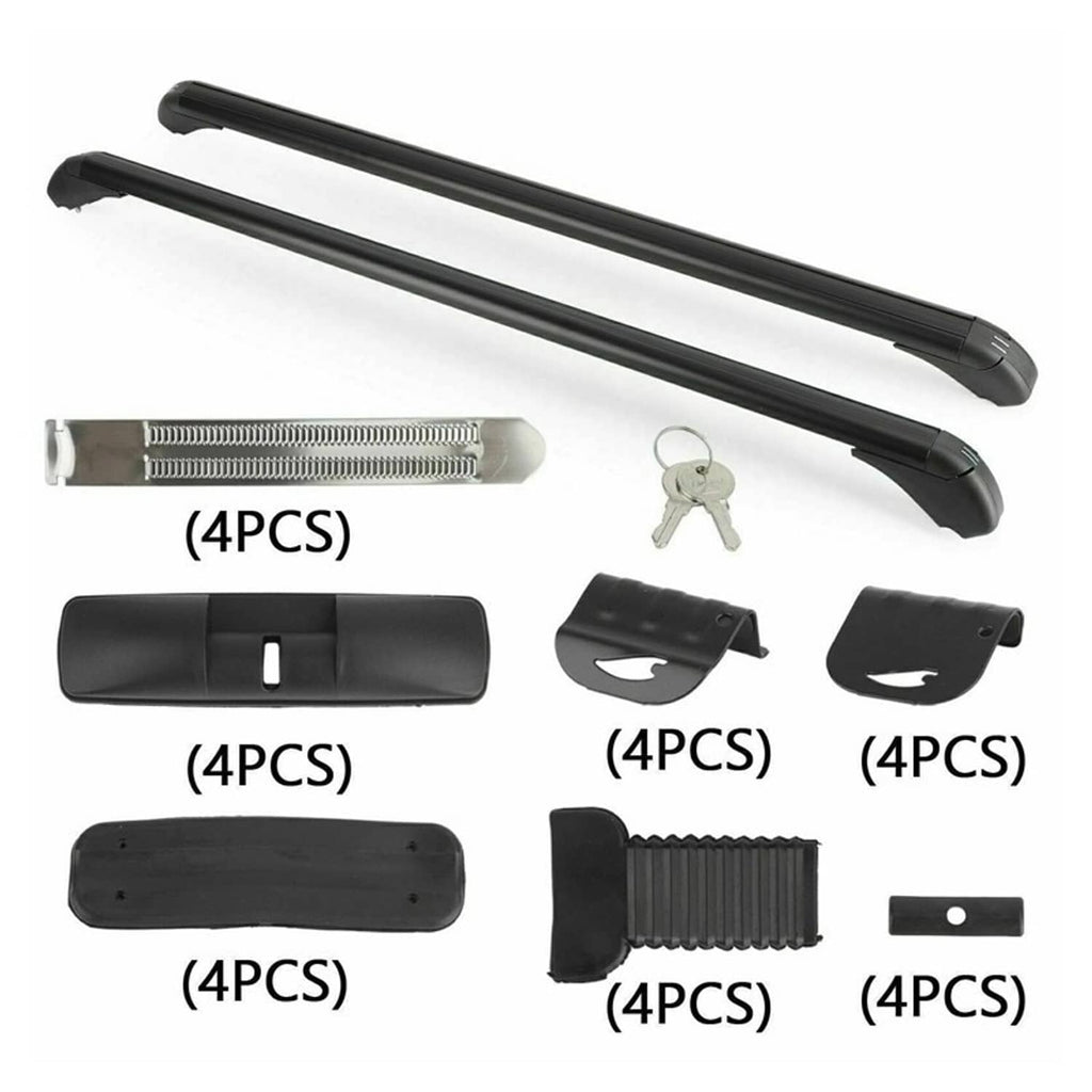 Black roof rack cross bars with accessory pads, brackets, and lock hardware