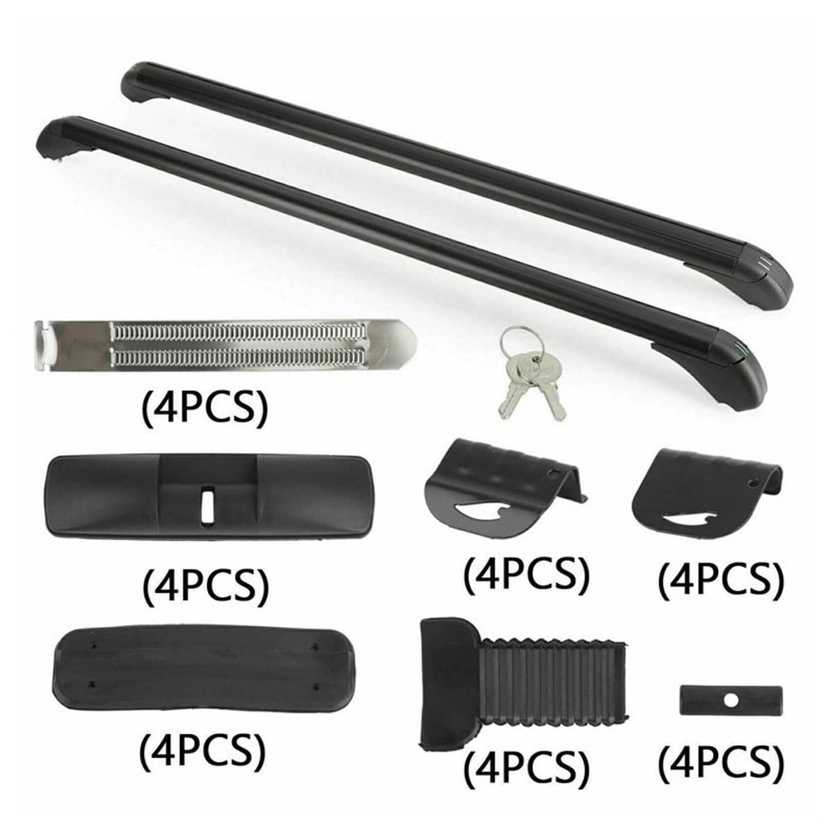 Black roof rack cross bars with accessory pads, brackets, and lock hardware