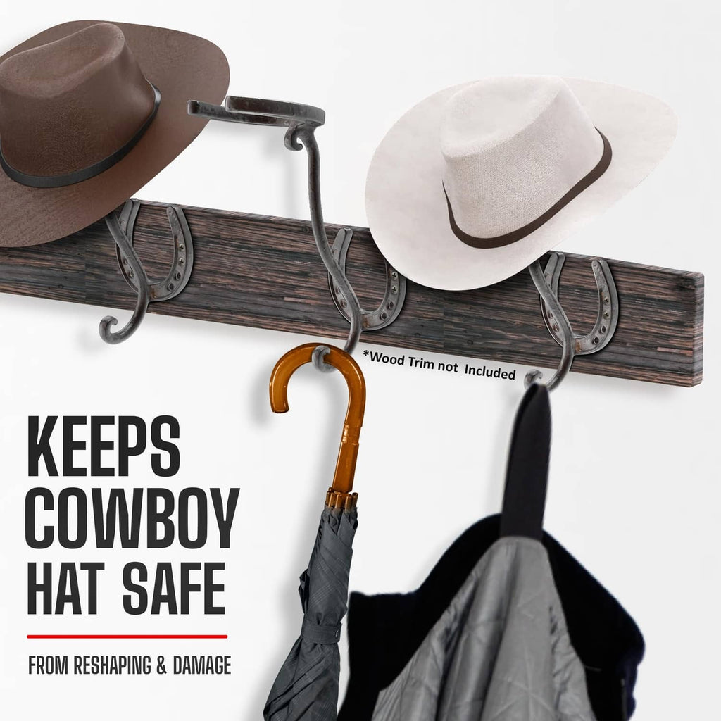 Two cowboy hat racks with dark metal U-shaped hooks on a wood board, with hats.