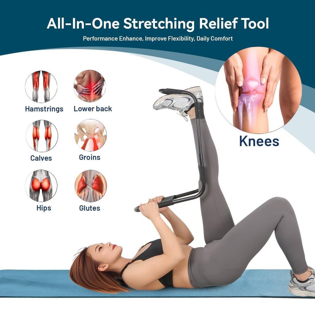 Black stretching device with curved foot platform and adjustable ankle straps