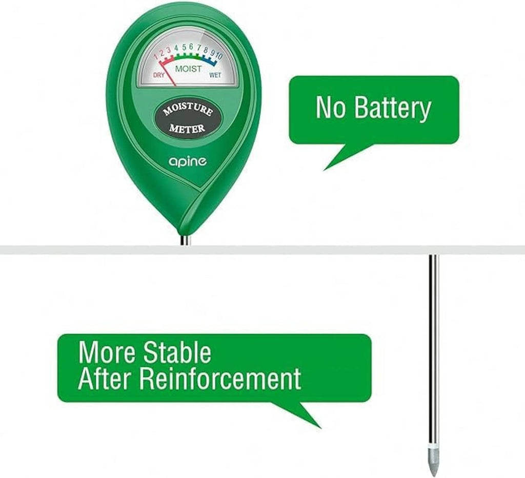 Soil moisture meter with analog dial and long probe labeled no battery