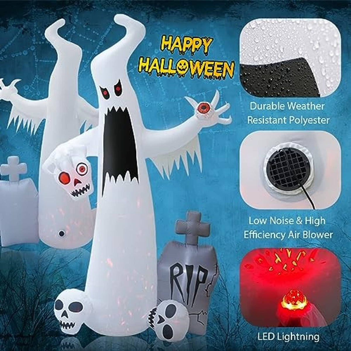 Halloween ghost inflatable with red-eyed skull face, cross tombstone, and low-noise air blower
