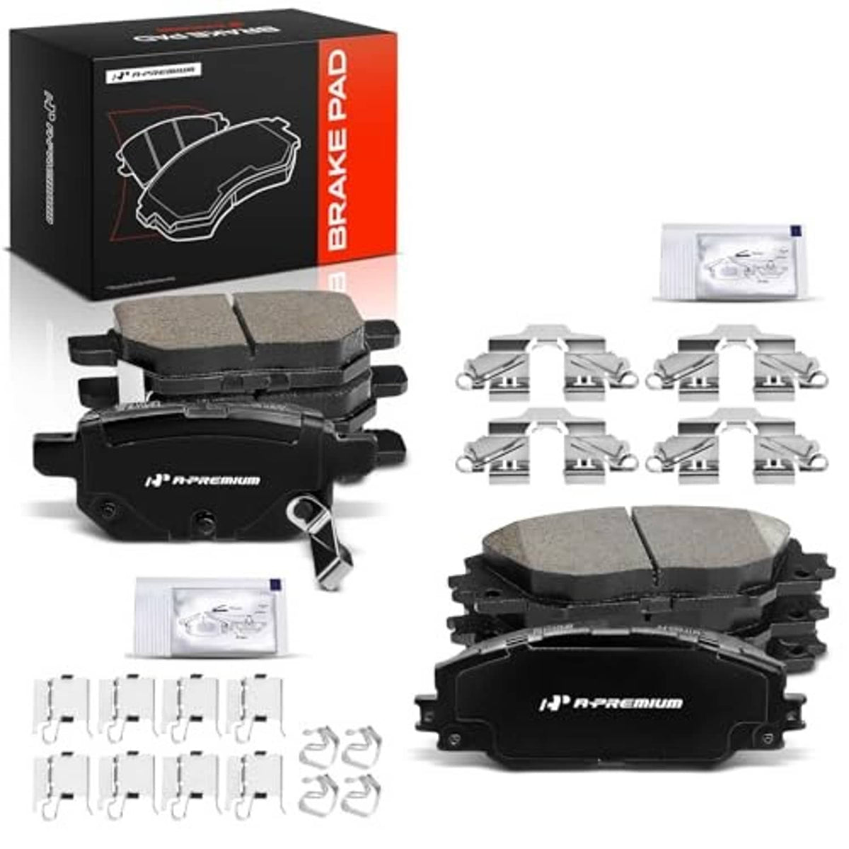Front and rear ceramic brake pads set with mounting hardware and wear parts