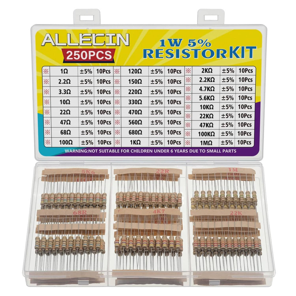 Axial lead resistor kit, 250pcs 1W 5% carbon film in compartmented case