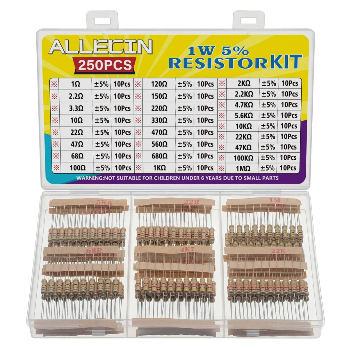Axial lead resistor kit, 250pcs 1W 5% carbon film in compartmented case