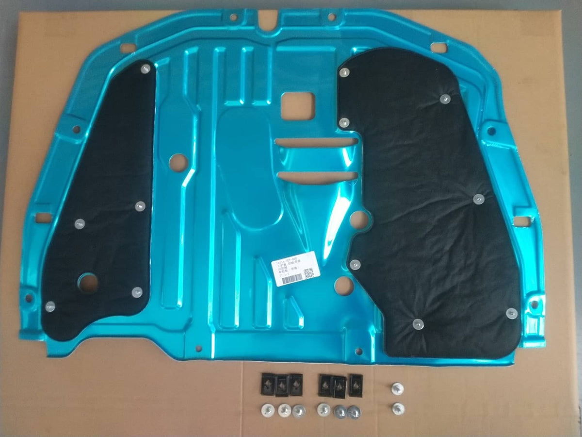 Engine splash guard cover with blue panel and black fabric insulation