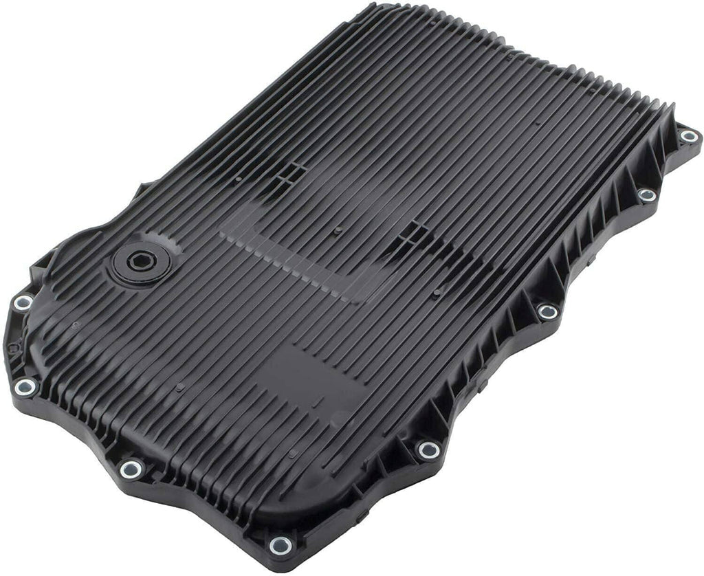 Automatic transmission oil pan with ribbed dark cover and corner mounting holes