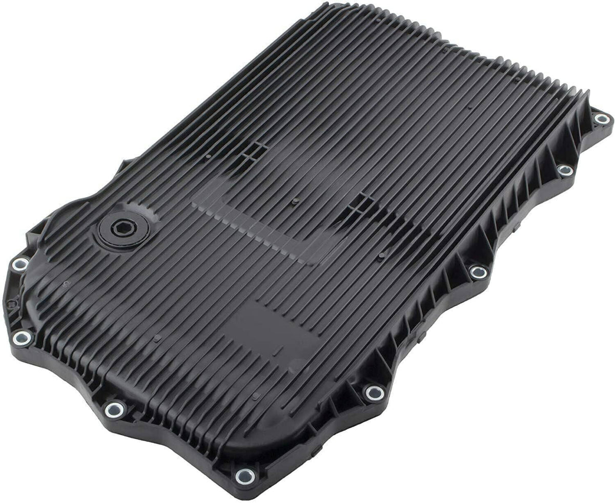 Automatic transmission oil pan with ribbed dark cover and corner mounting holes