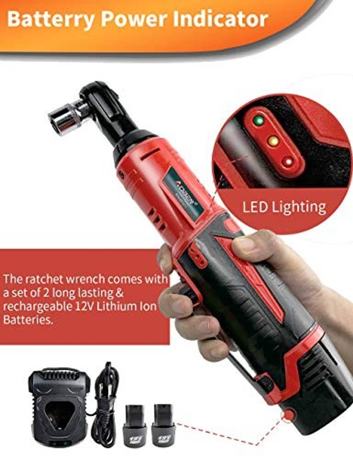 Cordless ratchet wrench with red LED lighting and battery power indicator