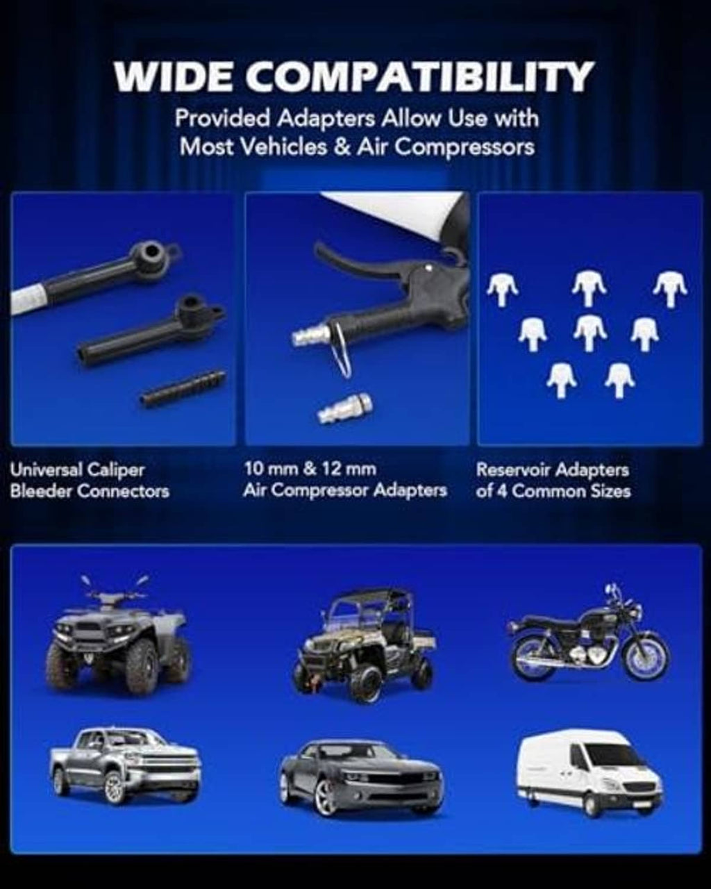 Brake bleeder adapter compatibility set with universal caliper and compressor connectors