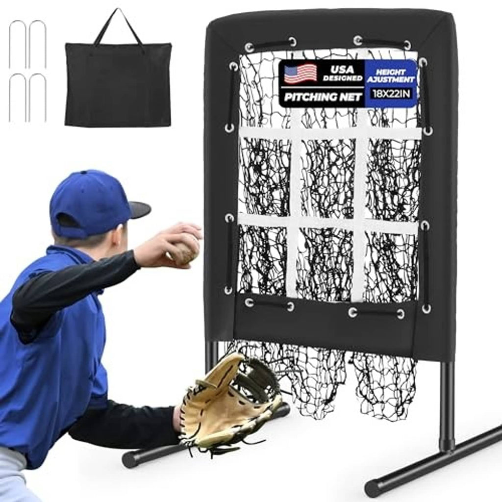 Baseball pitching strike zone net with black frame and target grid, freestanding