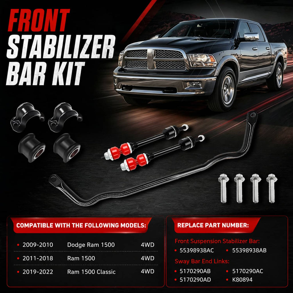 Front stabilizer bar kit bundle with curved black bar, links, and mounting screws