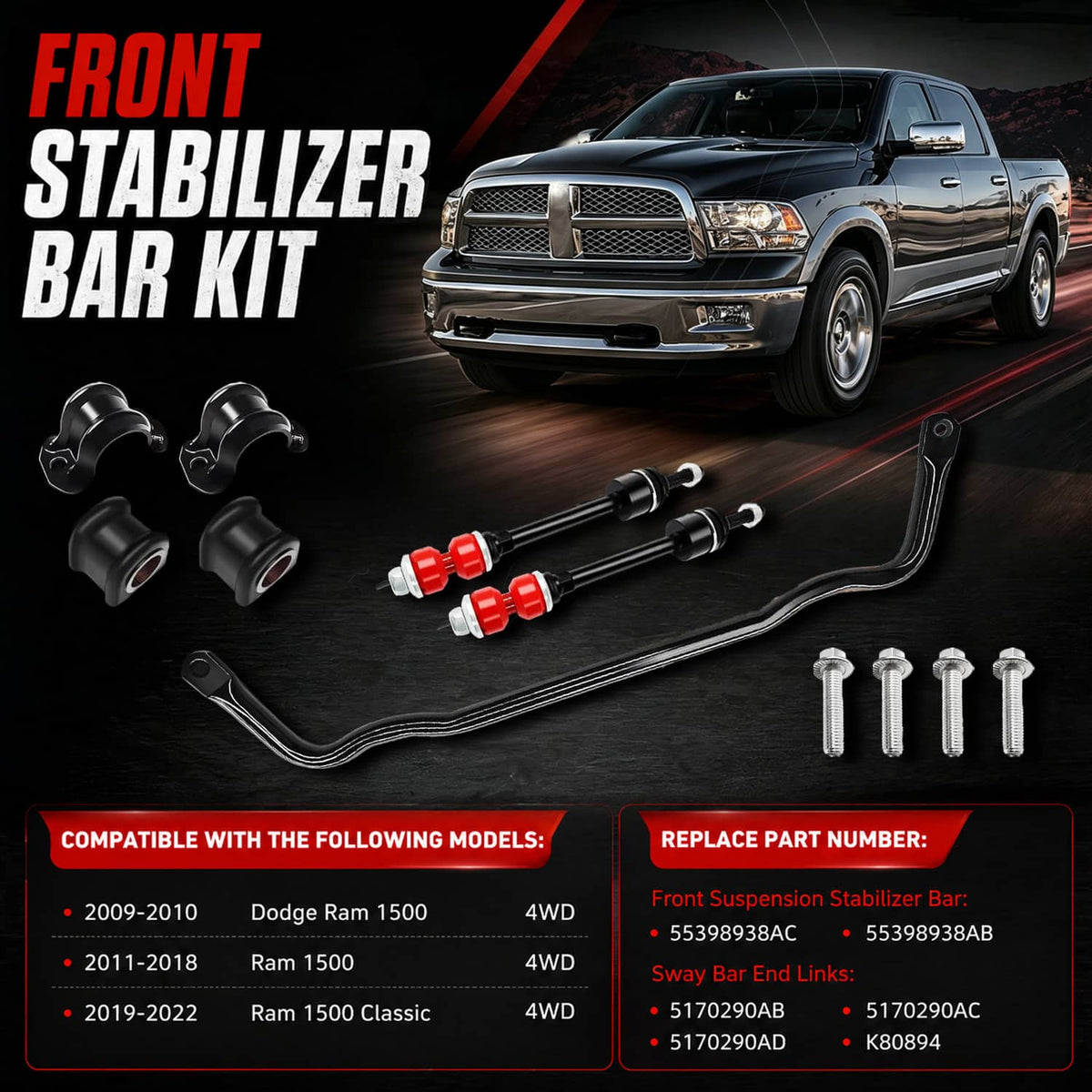 Front stabilizer bar kit bundle with curved black bar, links, and mounting screws