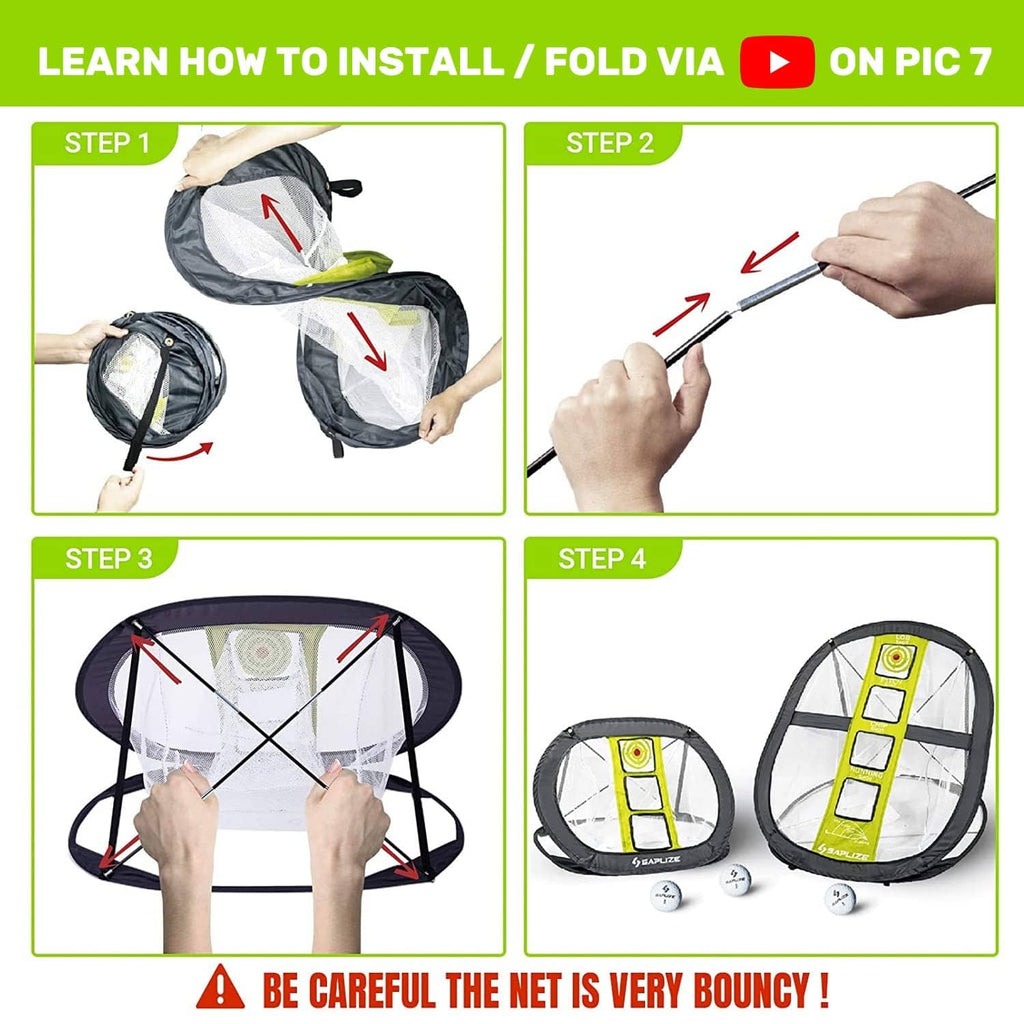 Hands folding and installing round SAPLIZE golf chipping net with target panel