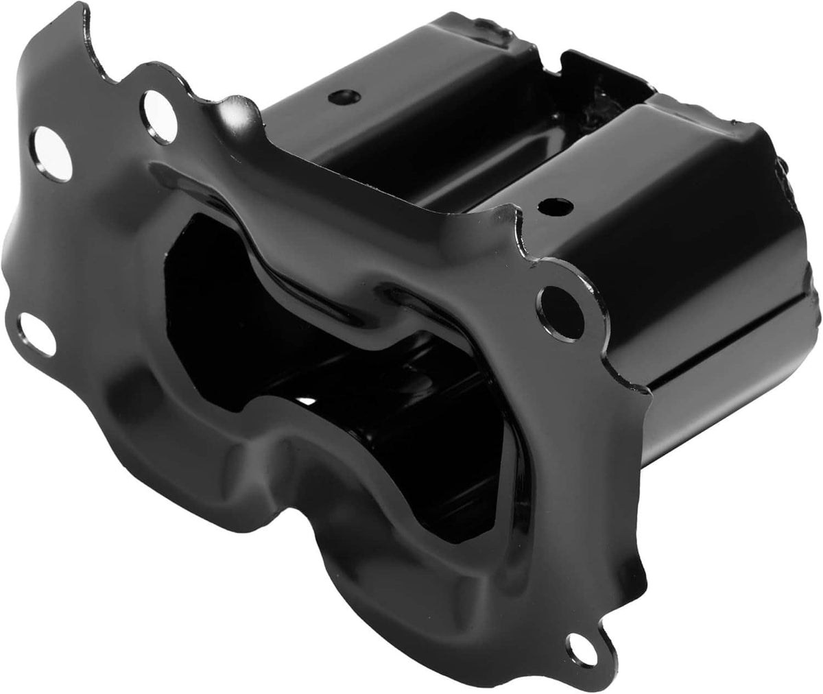 Single bumper reinforcement bracket, black steel with oval cutout and bolt holes