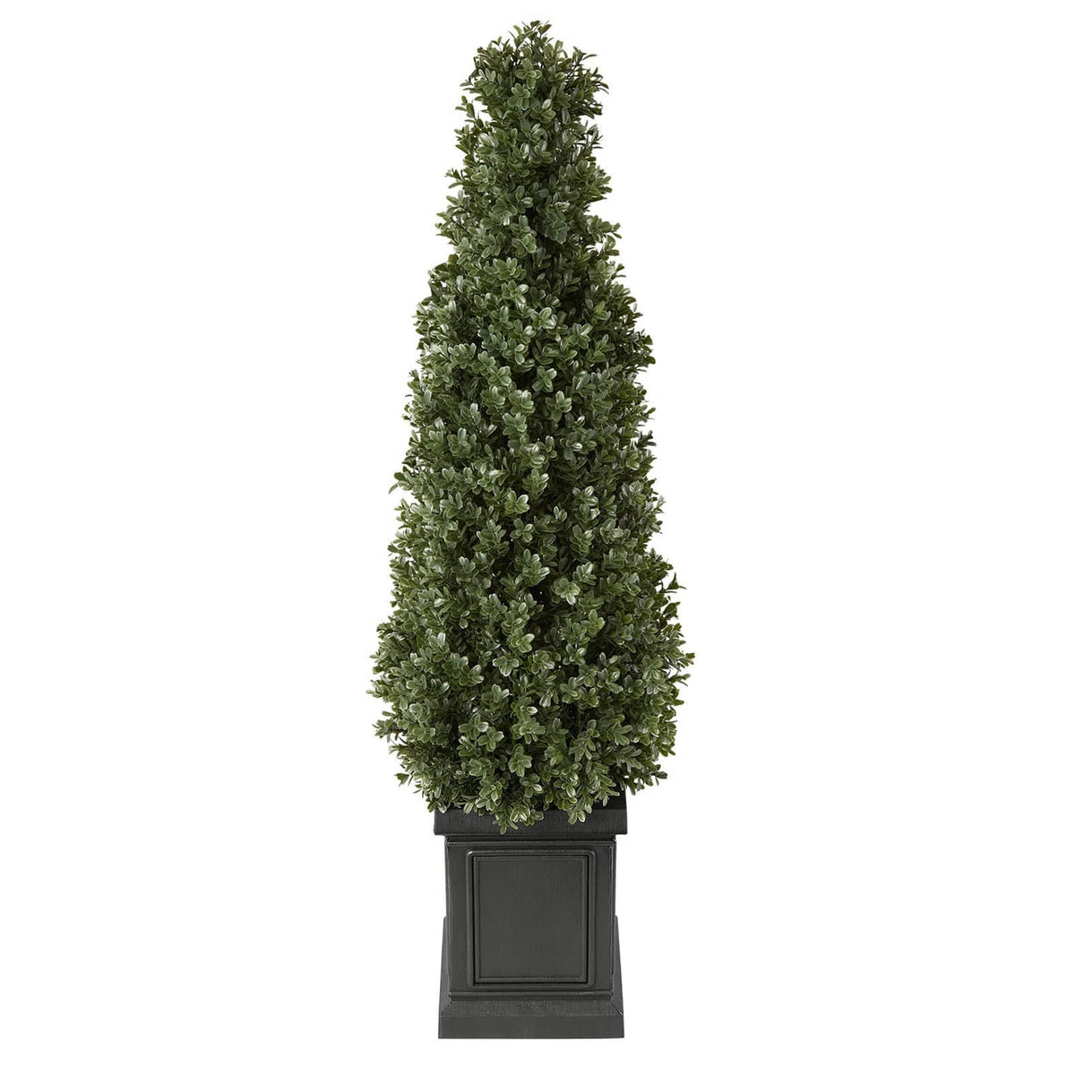 Artificial boxwood topiary with dense green foliage in black pedestal planter