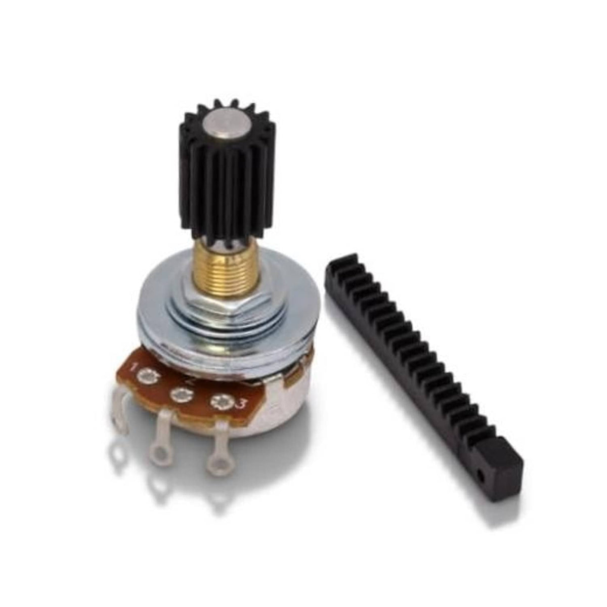 Wah replacement potentiometer with gear, rack, and black ribbed knob