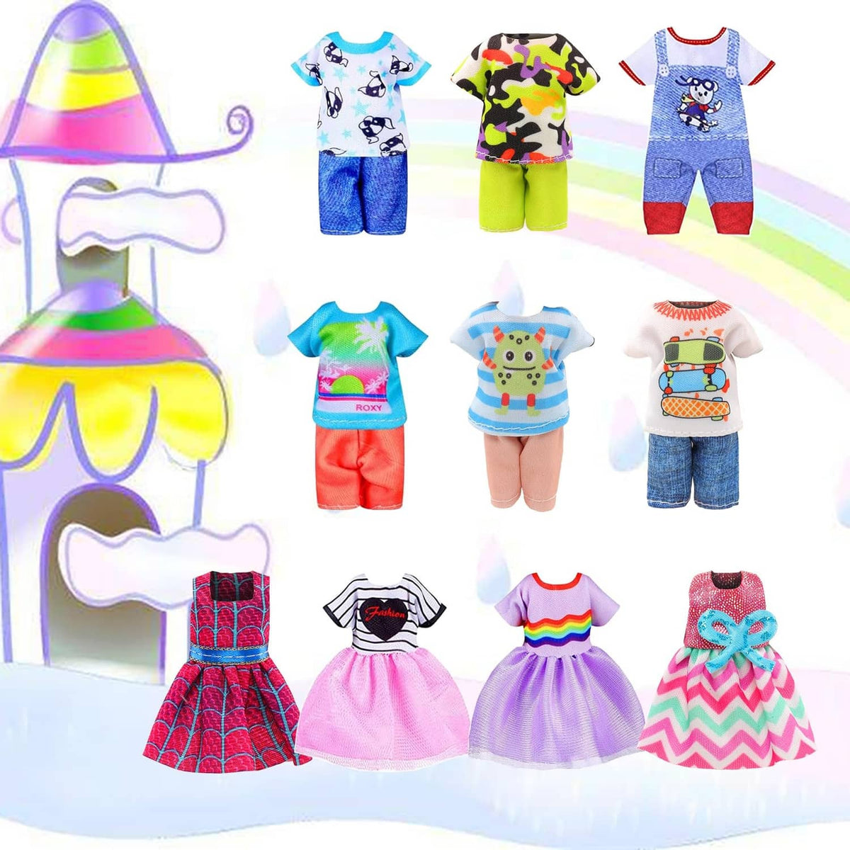 Assorted 6-inch girl doll clothes on display: dresses, T-shirts, and shorts