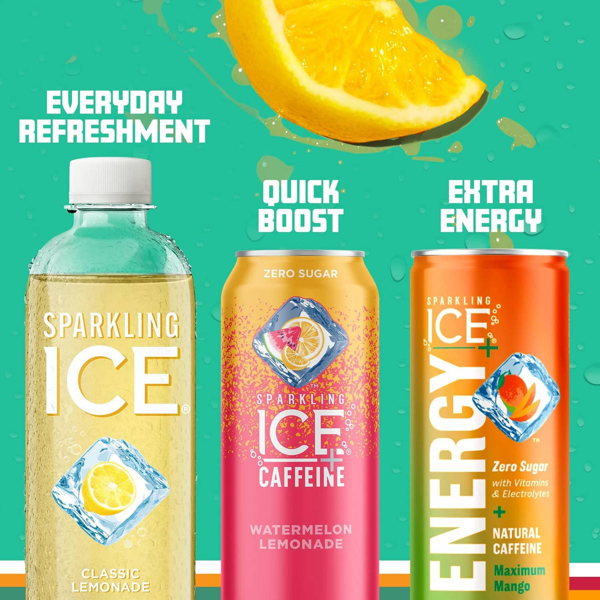 Sparkling Ice drink lineup with classic lemonade, watermelon lemonade, and energy caffeine