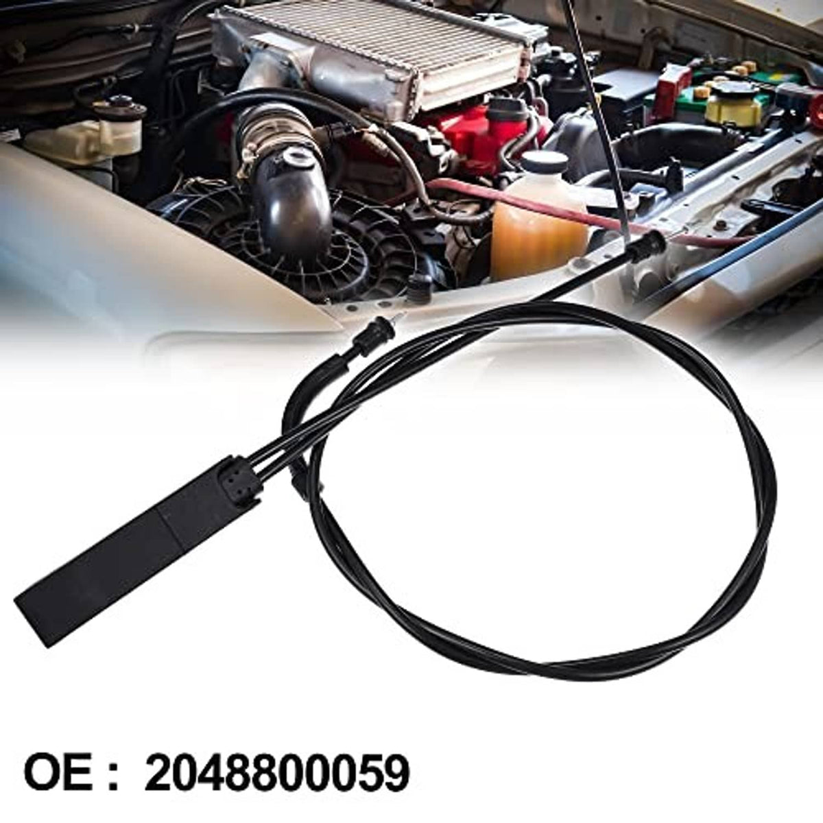 Hood release cable in engine bay view, black wire with connector end